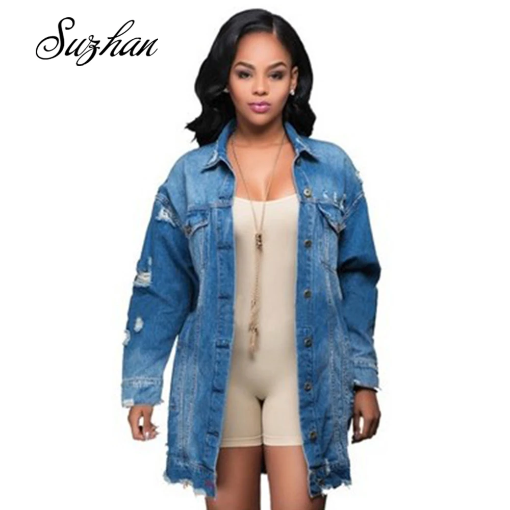Promo Suzhan Autumn Winter Women Hole Denim Jacket Harajuku boyfriend Wind Jacket Loose Long Sleeve Femal