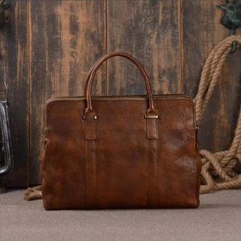 

ROCKCOW Vintage Vegetable Tanned Leather Briefcase Men Messenger Bag Laptop Bag 9043