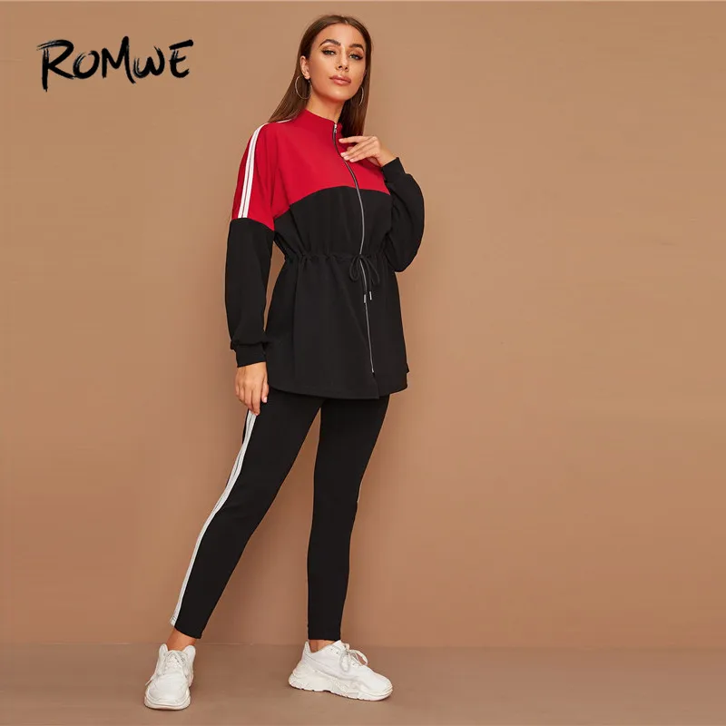ROMWE с завязками на талии, пальто с цветными блоками и джоггеры, комплект из 2 предметов, спортивный костюм для женщин, осенне-Весенняя спортивная одежда, повседневные спортивные костюмы