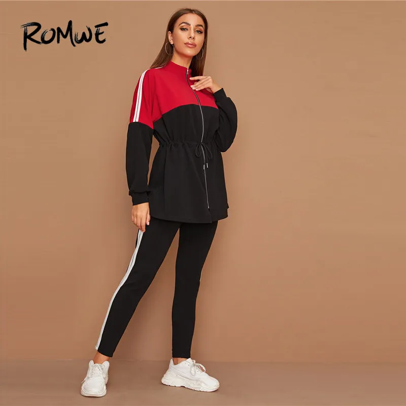 

ROMWE Drawstring Waist Colorblock Coat and Joggers 2 Piece Set Tracksuit Women Fall Spring Activewear Outfits Casual Sweatsuits