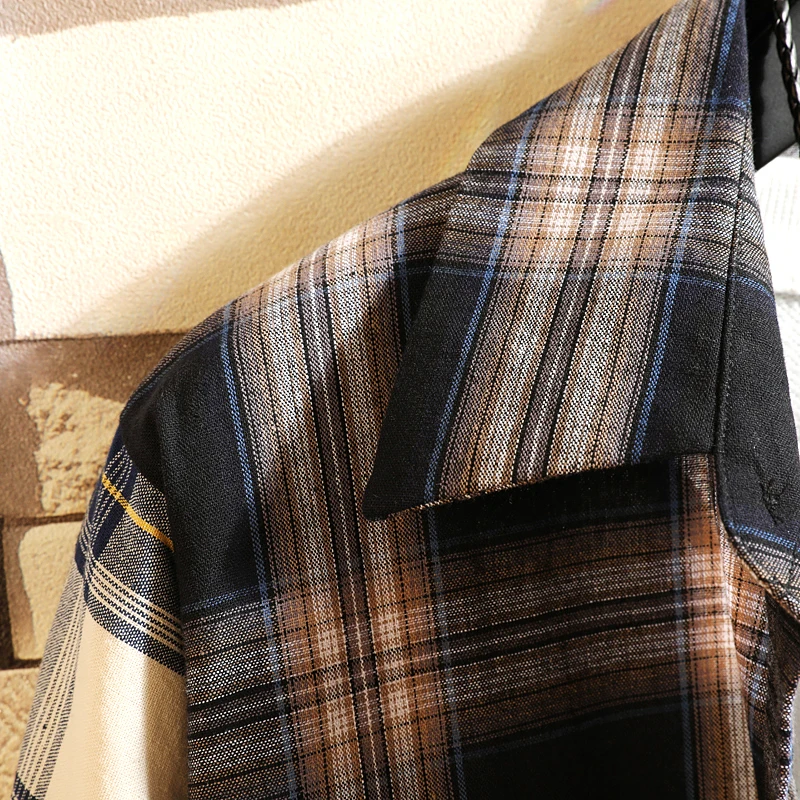 Plaid Contrast Colour Casual Loose Shirt Fashion Patchwork Long Sleeve Casual Shirt Hip Hop Street Clothing Men's long sleeve shirt,men casual shirt
