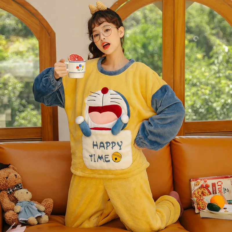 

Autumn Winter Women Girls Pajamas Sets Flannel Warm Thick Pijama Set Loose Sleepwear Female Cute Cartoon Homewear Dropshipping