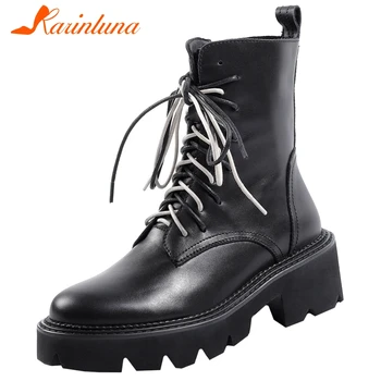 

Top Quality Cow Leather sheepskin Solid Zipper Cross-tied Large size 34-42 Sqaure Thick Heels Autumn Female Boots