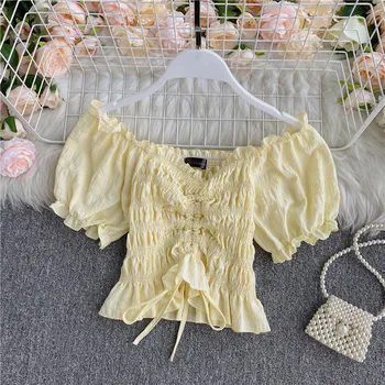 

Vintage off shoulder drawstring slim sexy summer short T-Shirt Women draped Crop Top Tee puff beach T Shirt short sleeve tshirt