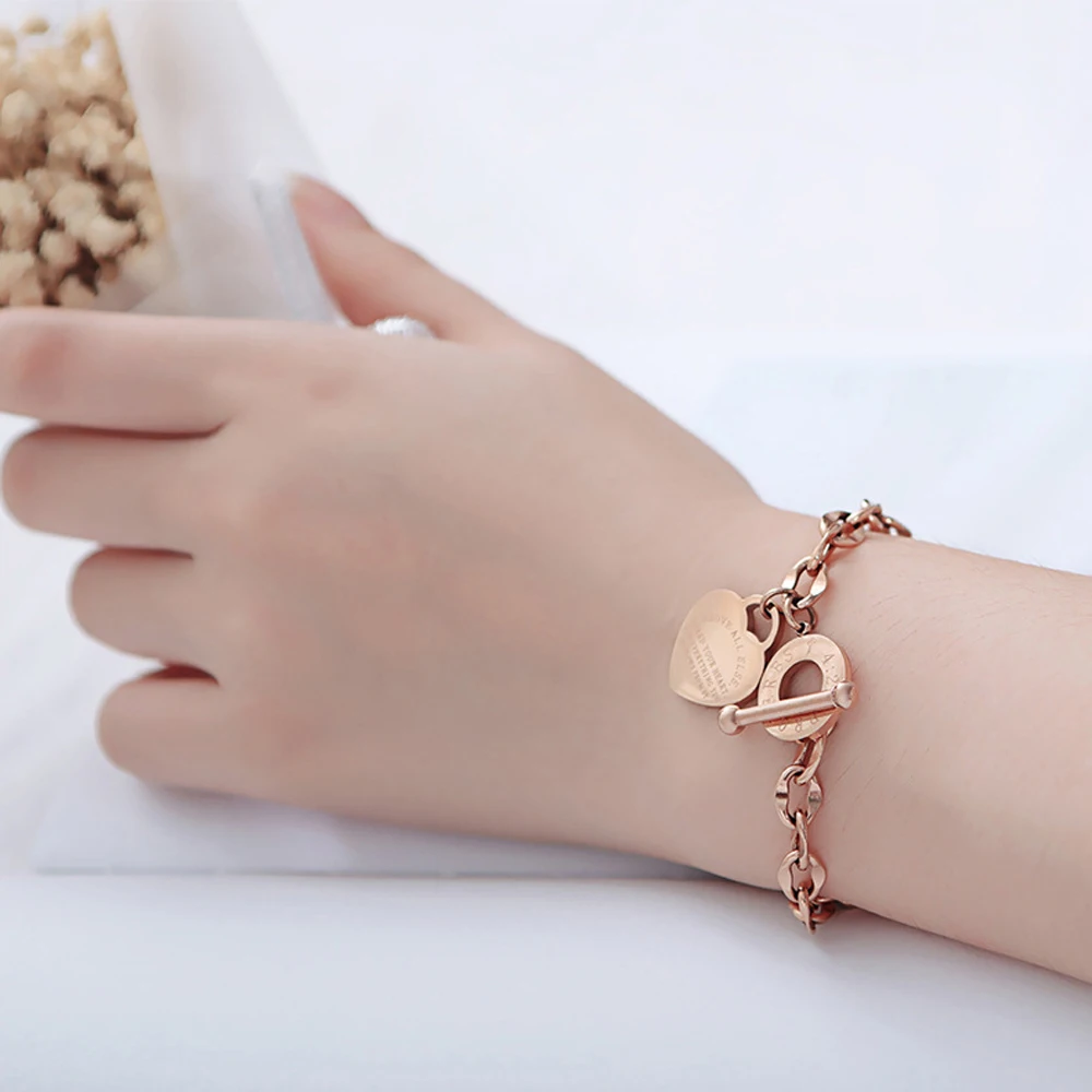 Stainless Steel Love Heart Bracelets For Women Party Gift Fashion Joyas de Chain Charm Bracelets Jewelry Wholesale Text Engraved