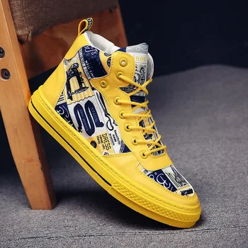 

2019 Flat Shoes Men's Fashion Casual Shoes Student Graffiti Yellow Canvas Shoes Outdoor Non-slip Sneakers Mens Walking Shoes
