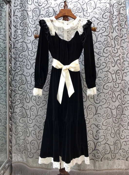 Высокое качество, новинка, осенне-зимние Вечерние платья Vestido, женское сексуальное платье с кружевами «кроше», в стиле пэчворк, с длинным рукавом, черное бархатное платье с поясом