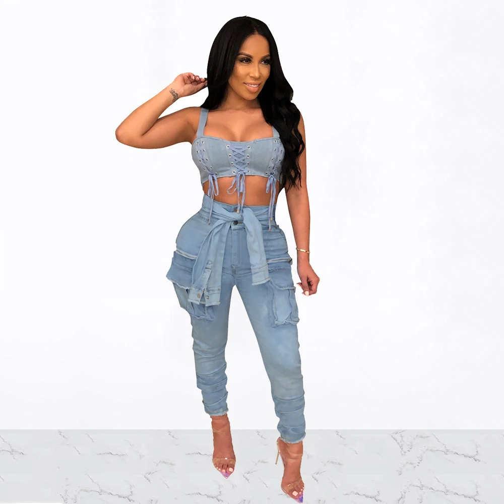 

Distressed Denim Jeans Woman Button Tie Up High Waist With Pocket Pencil Long Jeans Stretch Trousers With False Sashes