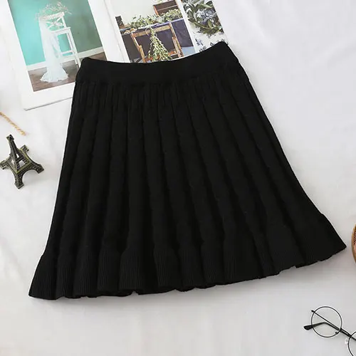 Женская трикотажная мини-юбка TIGENA, плиссированная юбка с высокой талией вкорейском стиле для женщин на осень-зиму - Цвет: Черный