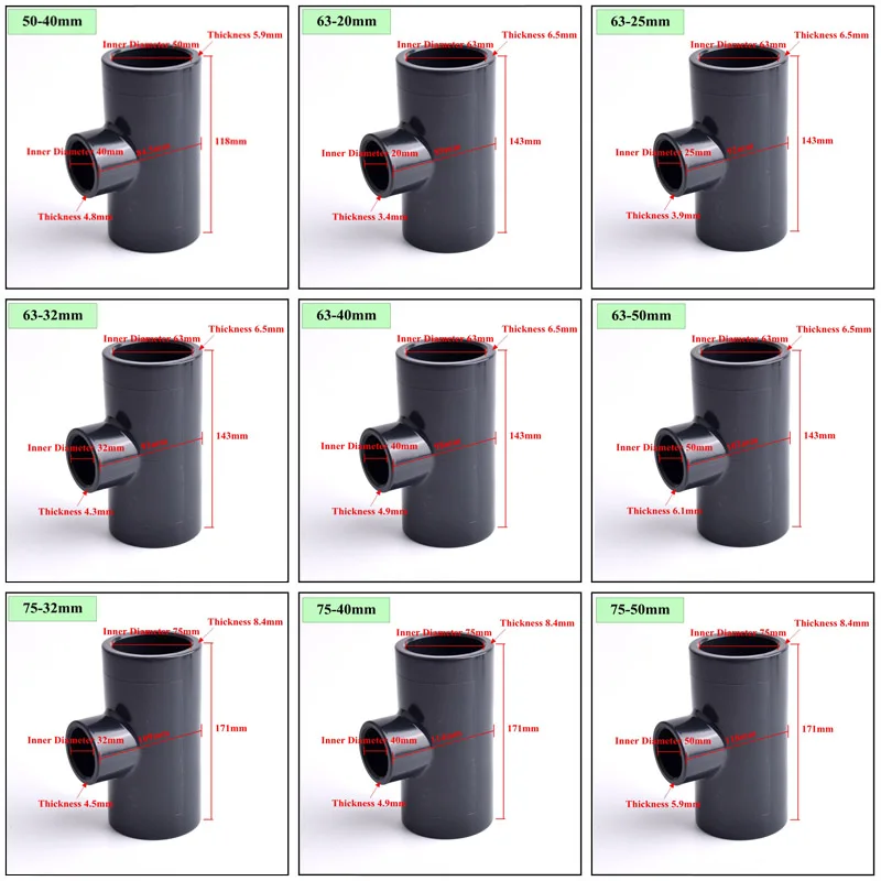 63 ~ 90 A 32 ~ 63 Millimetri Upvc Tubo Riducendo Tee Connettore Sistema Di Irrigazione Di Coltura Idroponica Telaio Acquario Serbatoio Di Pesce 3-Way 