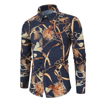 

Gold Chain Printed Men Shirt 2019 Fashion Hidden Button Long Sleeve Casual Shirt Slim Fit Cotton Hawaiian Blouse Chemise Homme