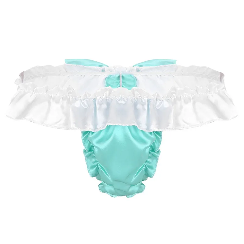Light Green Мужское нижнее белье SISSY, гофрированные, с оборками, с бантом, низкая посадка, блестящее мягкое атласное бикини, трусы с высоким вырезом, трусики-танга, мужские трусики для геев - Цвет: Light Green