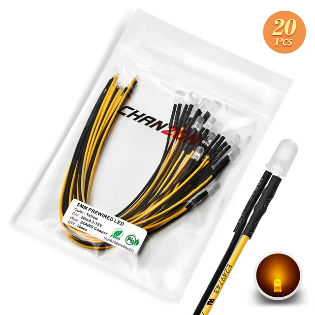 12V 5mm LED Diode Kit Warm White Red Green Blue Yellow Orange UV Purple Pink Prewired 5 9 12 V Diffused Light Emitting Indicator 20pcs Matte Yellow