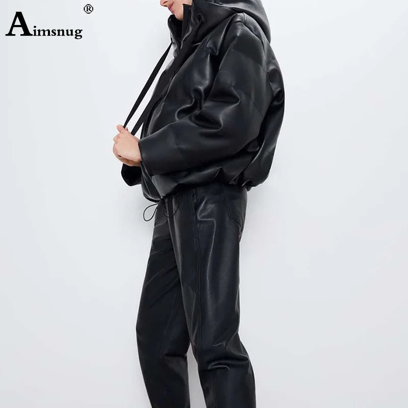 Aimsnug из искусственной кожи, женские парки, модные пальто из искусственной кожи с капюшоном, элегантные хлопковые куртки на молнии, женская зимняя куртка, верхняя одежда
