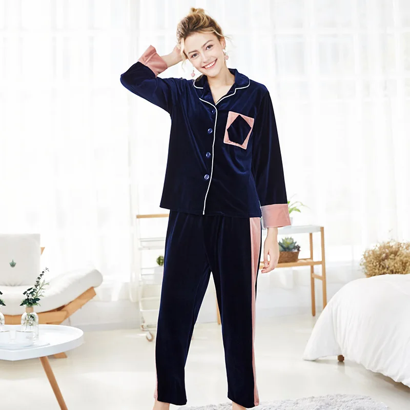 

Yao ting New Style Velvet Pajamas Autumn And Winter WOMEN'S Long Sleeve Trousers Contrast Color Tracksuit Two-Piece Set Sr919