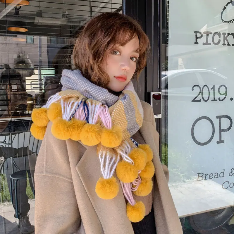 

Sparsil Women Winter Knitted Cashmere Scarf Fur Ball Tassel Wool Warm Wraps Students Soft Blanket Long Scarves Female