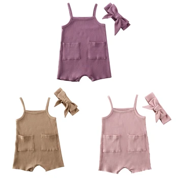 

pudcoco Cute Baby Girls Summer Romper Clothing Solid Cotton Ribbed Knit Strappy Jumppsuits Headbands Outfits Sunsuit Casual set
