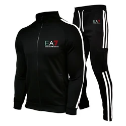 Conjunto de traje masculino de poliéster, roupa esportiva para outono e inverno com zíper fino, traje de corrida fitness de duas peças, novo, 2021