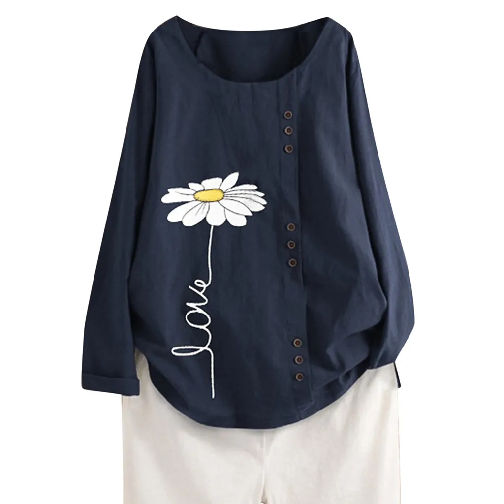 

Plus Size female Linen Blouse Fashion Autumn Casual Long Sleeve Cotton O-Neck Botton Blouse Top Shirt blusas mujer de moda 2019