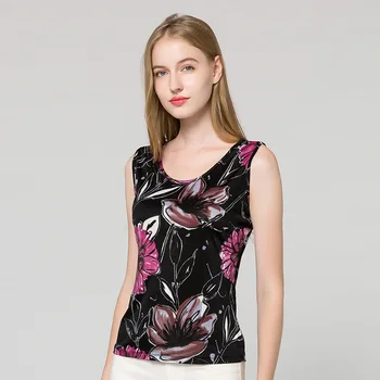 

Autumn Real Silk Printted Waistcoat Women Versatile Mulberry Silk Knit Sleeveless Base Shirt Large Size round Neckline T-shirt