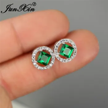 

Boho Crystal Round Earrings White Gold Green Purple Blue Stone Zircon Wedding Stud Earrings For Women Square Ear Studs Jewelry