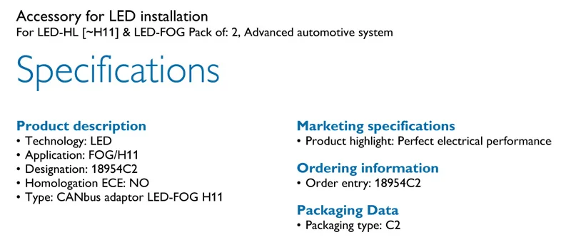 Philips 12 В светодиодный адаптер Canbus H8 H11 H16 противотуманный светильник декодер автомобильные аксессуары Предупреждение подавитель плавного действия 18954 C2, пара