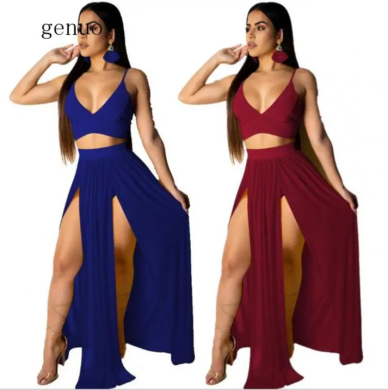 

Women Two Pieces Set Spaghetti Strap Deep V Neck Backless High Waist Sheer Skirt Set Suit Female Outfits 2020 Summer 2 Piece Set