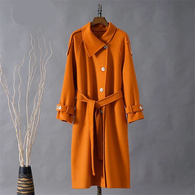 

Winter Fashion New Mid-Length Style Lapel Long-Sleeved Solid Color Double-Sided Wool Coat Temperament Female Trendy H381