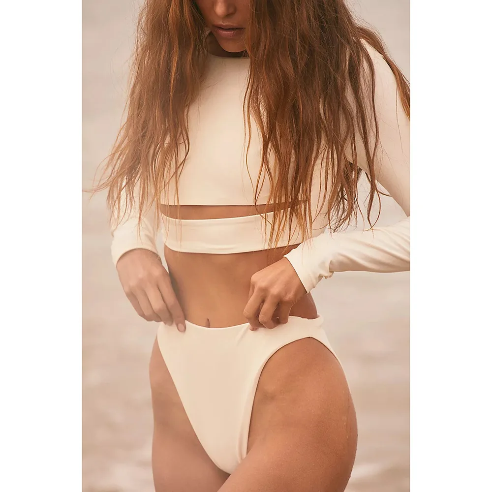 Women Bikini Swimwear Long Sleeve Crop Shirt Top Thong Bottom Swimsuit Beach Bathing Suit 