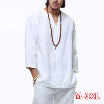 

Chinese Style Linen Shirt Plus Size 4XL 5XL Men Casual Breathable White Soft Three Quarter Shirt Camisa Masculina
