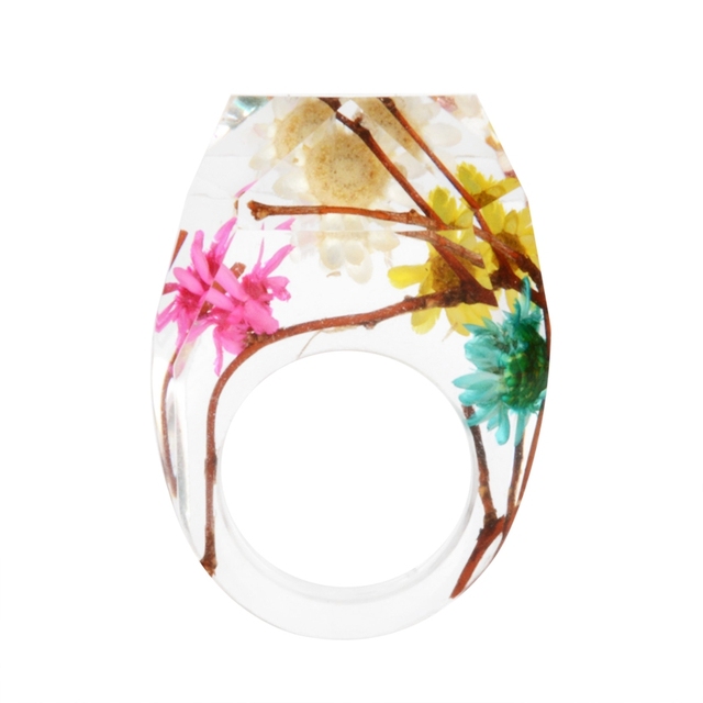 Transparent Forest Handmade Dried Flower Resin Ring Colorful Ink Pattern Scenery for Women Fashion Jewelry Ring