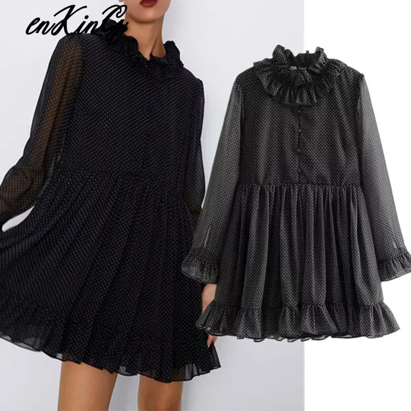 women elegant dots print mini za dress straight style long sleeve ruffles design female streetwear dresses vestidos