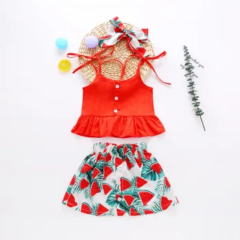 

2020 Summer Girl Sets Red Vest and Watermelon Printed skirts