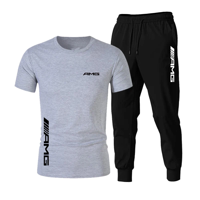 men's loungewear sets Summer new AMG fashion Trend men's Suit personalized fashion Printing Sports short-sleeved T-shirt + Sports Casual trousers Suit mens 2 piece set