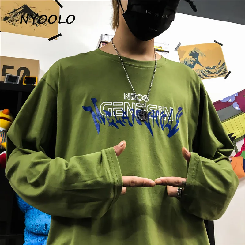 NYOOLO Harajuku стиль с буквенным принтом Футболка Осенняя уличная свободная футболка с длинными рукавами для мужчин и женщин одежда Топ