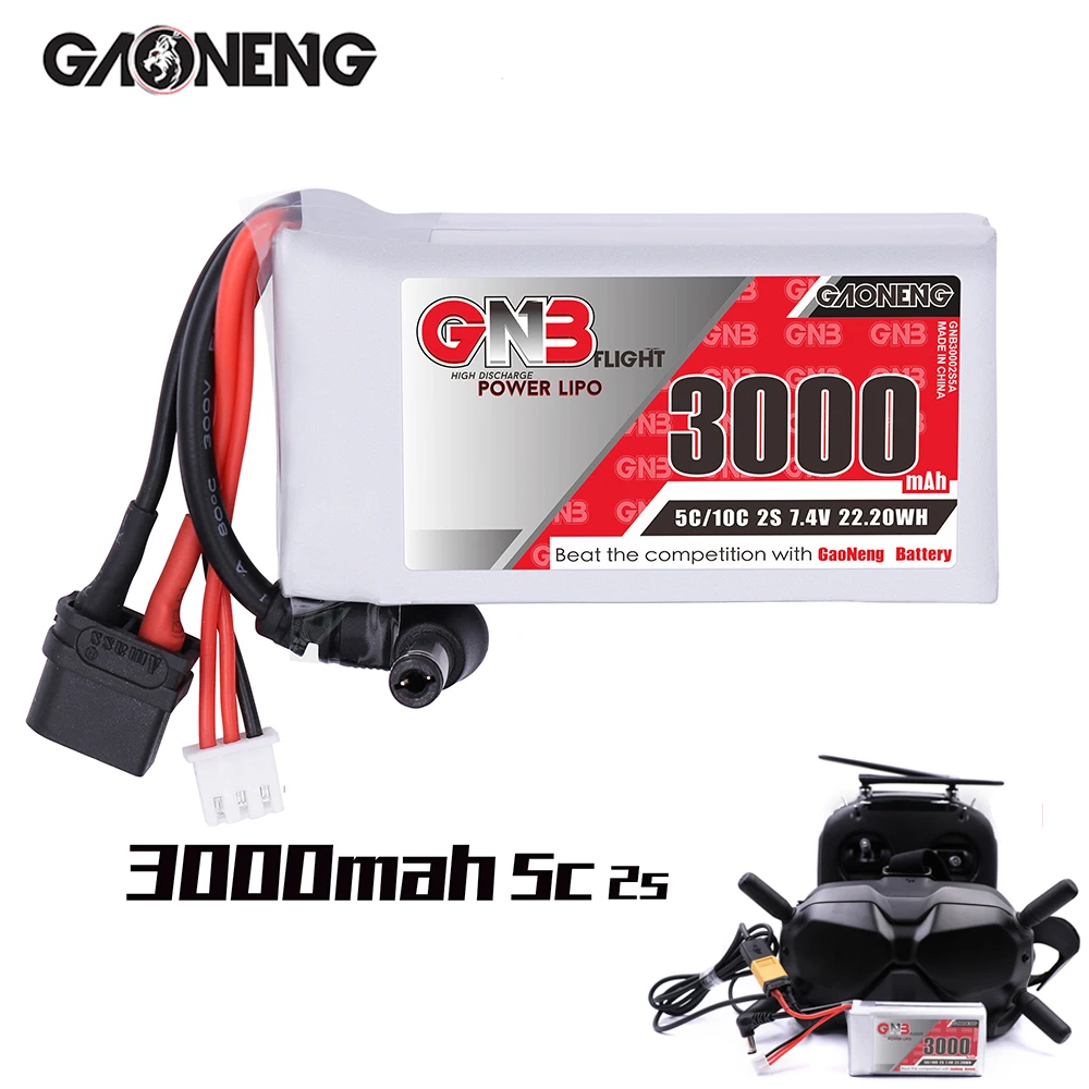 

Gaoneng GNB 3000MAH 2S 7.4V 5C DC5.5mm XT60 Goggles Lipo Battery Power Indicator for Fatshark Dominator Skyzone Aomway RC Drone