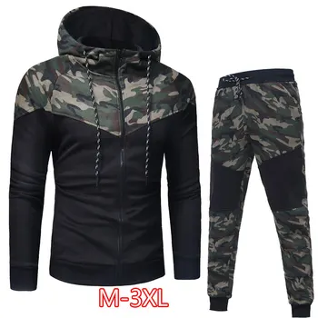

Men Casual Camouflage Print sets Camo Jacket+Pants 2Pc Tracksuit Sportwear Hoodies Sweatshirt &Pant Suit Plus Size