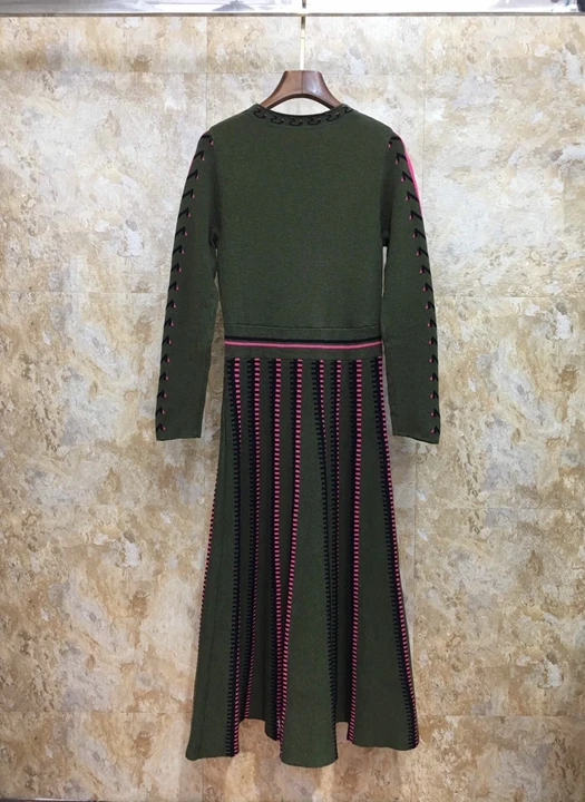 autumn and winter new women's round neck hem folding stripe printed knit dress
