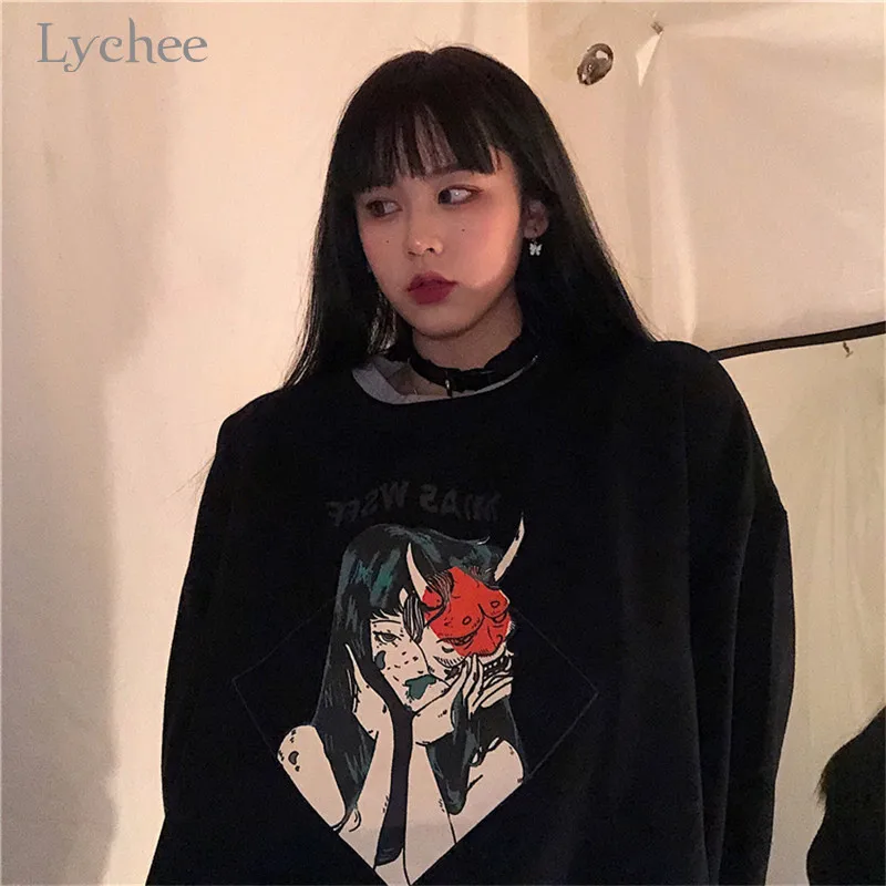 Lychee Harajuku темный призрак Женская флисовая Толстовка Повседневная весна осень зима Дамские свитшоты Топы свободные женские пуловеры с круглым вырезом