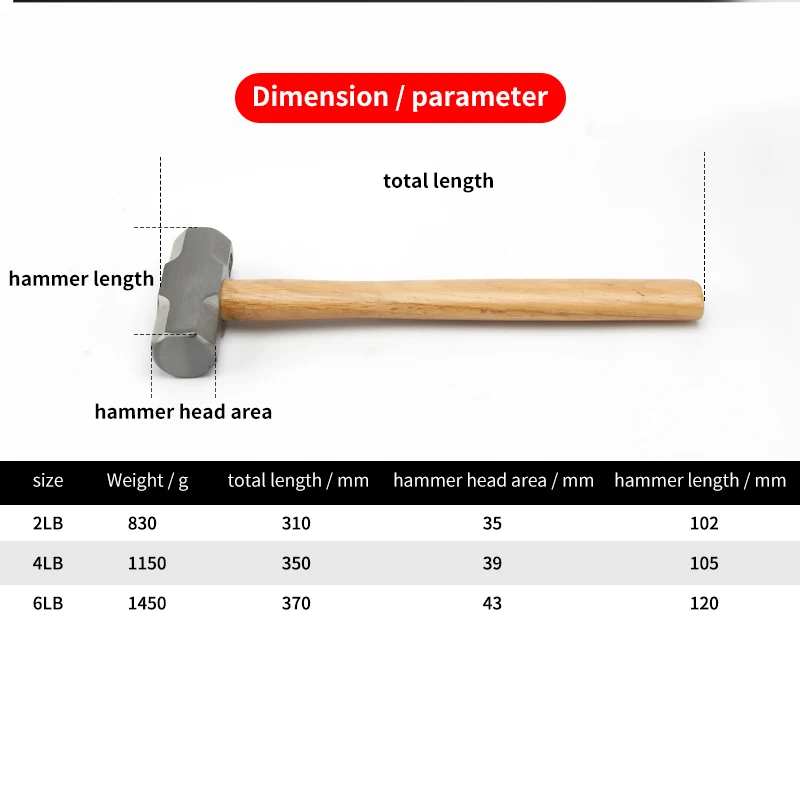 Heavy Duty Wooden Handle Sledge Hammer 1Pcs Forged Steel Octagon Hammer Square Head Big Hammer Masonry Hammer 2LB 3LB 4LB 2