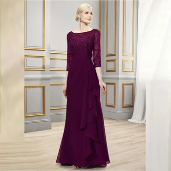 

2020 Gorgeous Purple Chiffon Lace Top Boat Neck Mother of the Bride Dresses With Three Quarter Sleeves Wedding Guest Gowns