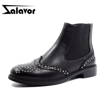 

ZALAVOR British Style Women Ankle Boots Genuine Leather Rivets Flats Shoes Elastic Band Leisure Women Footwear Size 33-43