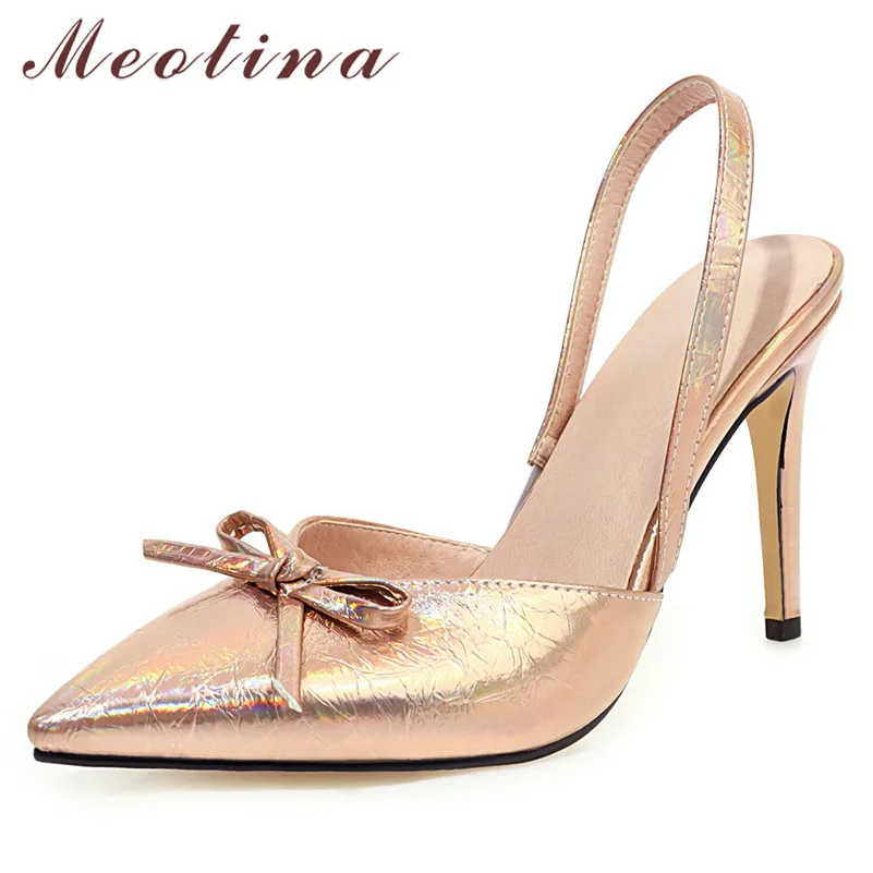 

Meotina High Heels Pumps Women Sexy Stiletto High Heel Slingbacks Shoes Bow Pointed Toe Party Shoes Ladies Gold Plus Size 34-46