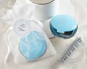 

Blue Color Compact Mirror in White Organza Bag wedding bridal shower party lady favors guest gift