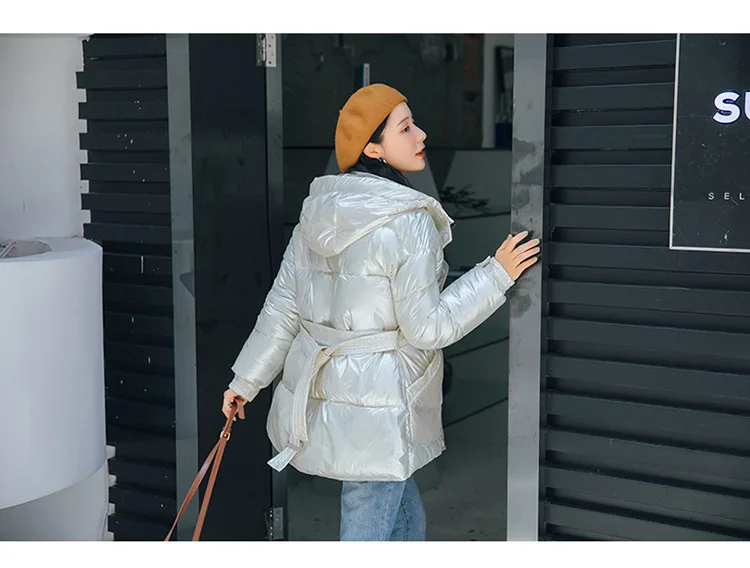 Глянцевое теплое Женское пальто с капюшоном, прочный мягкий хлопок, стеганые куртки для женщин, тонкий пояс, зимние парки, куртка, пальто, новинка