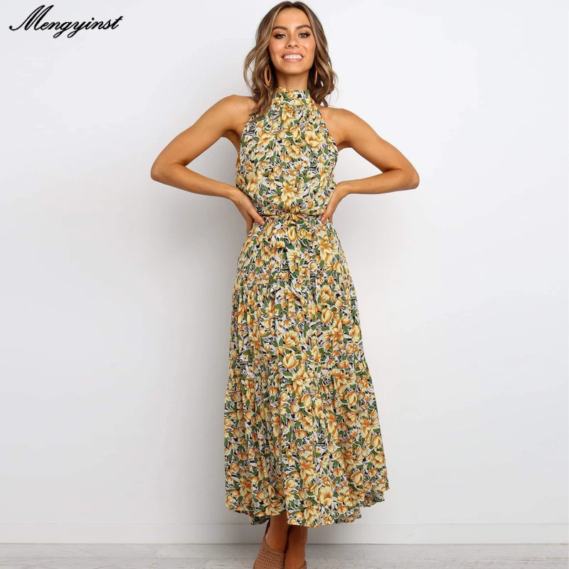

Elegant Halter Sexy Ruffles Dress Women 2020 Summer Female Fashion Flowers Floral Print Sleeveless Beach Holiday Party Dresses