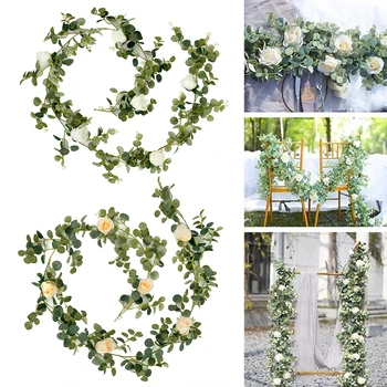 

2M Artificial Eucalyptus with Rose Garland Hanging Rattan Vertical Garden Home Table Party Wedding Backdrop Wall Decor Vine