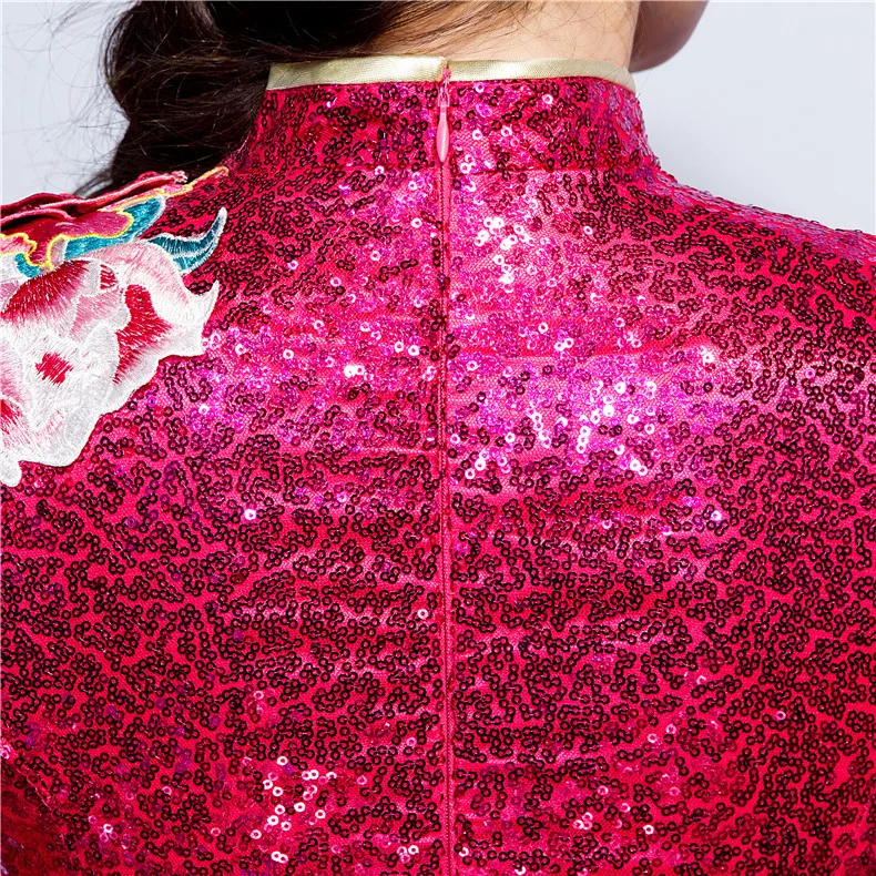 Ярко-розовые Для женщин Русалка Cheongsam Длинные вечерние платья с воротником «Мандарин», элегантный блесток выпускного вечера благородные, вечерние бальное платье Vestido XS-4XL