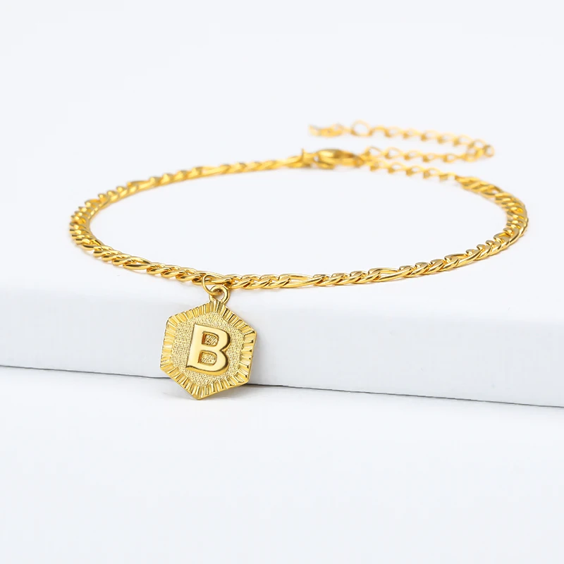 

Stainless Steel Personalized Alphabet Initial Anklet Bracelet Gold Color Capital Engraved Letter Hexagon Charm Anklets Foot Jew