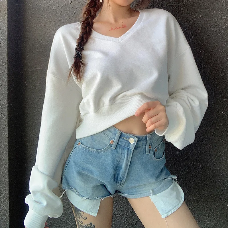 

Pullover Top Women V-neck Sweatshirt Tops Autumn Casual Long-sleeved Fashion Solid Color Short Style Pullovers Sweatshirt New